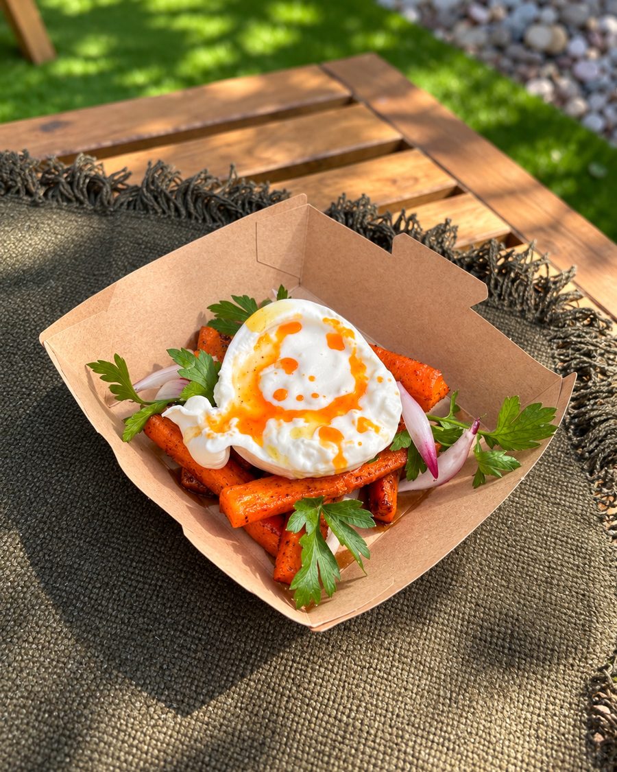 Burrata sobre cenouras grelhadas no mel