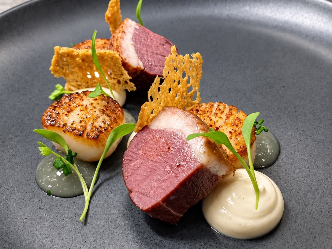 Prato de degustação com vieiras seladas, carne, creme e tuile crocante